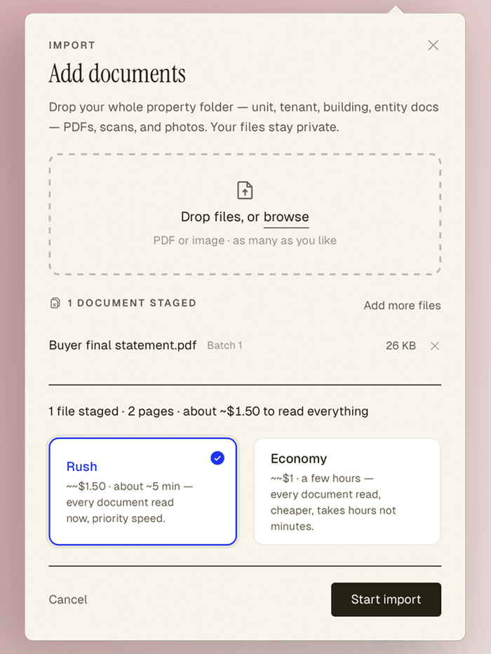 HOLD's import dialog: drop a whole property folder — unit, tenant, building and entity documents, PDFs, scans and photos. One file is staged at two pages and priced up front at about $1.50 to read everything, with a choice of Rush at about $1.50 in roughly five minutes or Economy at about $1 over a few hours.